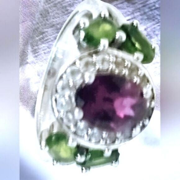 STERLING SILVER RING RASPBERRY Rhodolite Chrome Diopside & Zircon Rhodium SZ 6 - Picture 7 of 11
